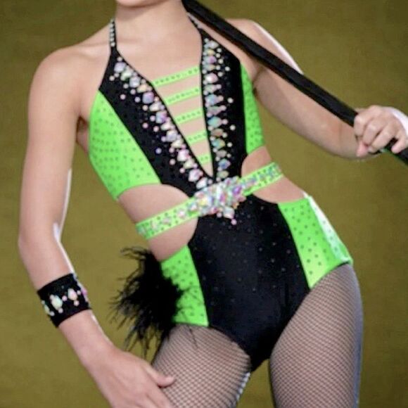 Glamour solo dance costume neon green Feather rhinestone embellished leotard MA - Picture 1 of 13